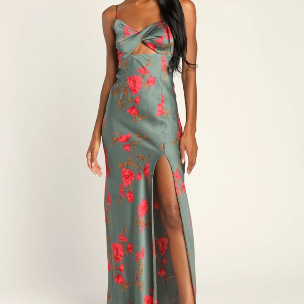 Sage green satin floral maxi wedding guest dress